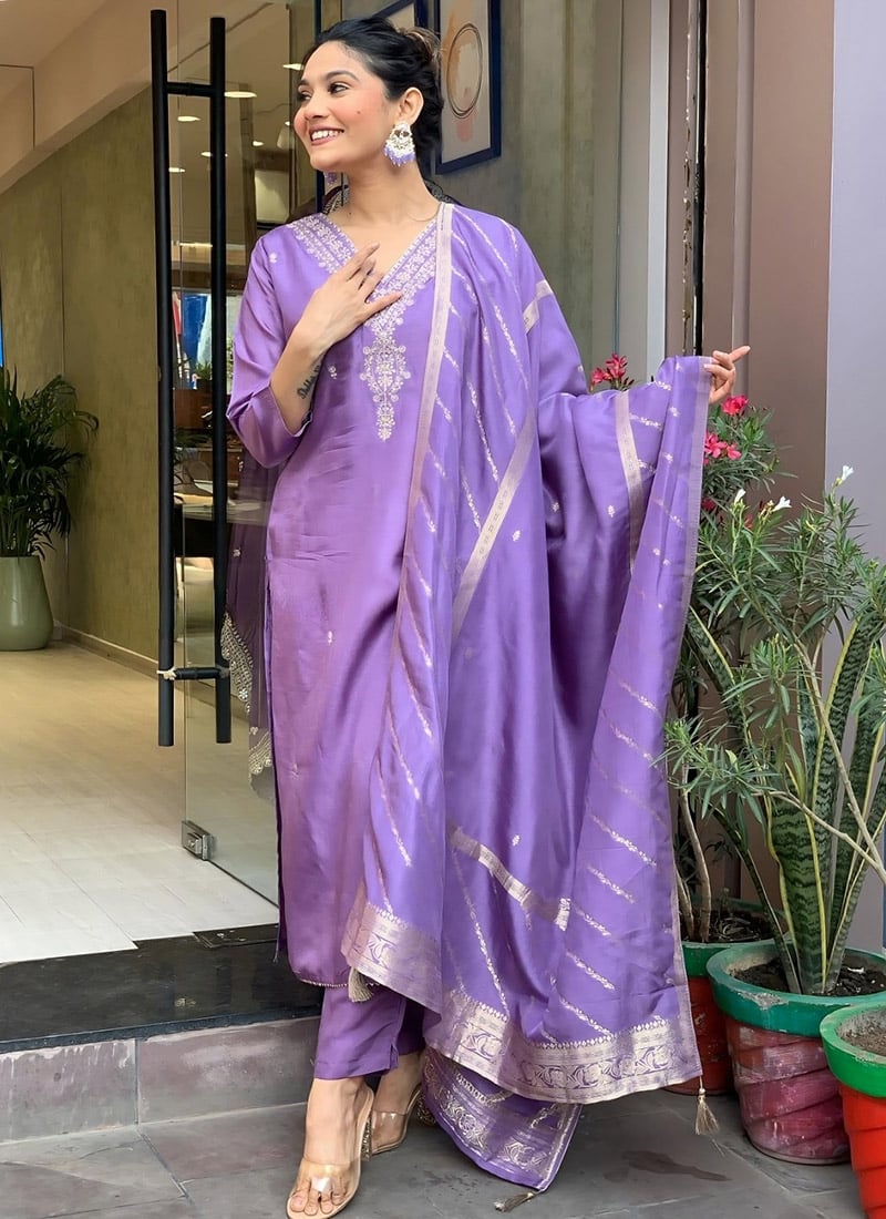 Chanderi Purple Embroidered Printed Straight Pant Suit Party Wear