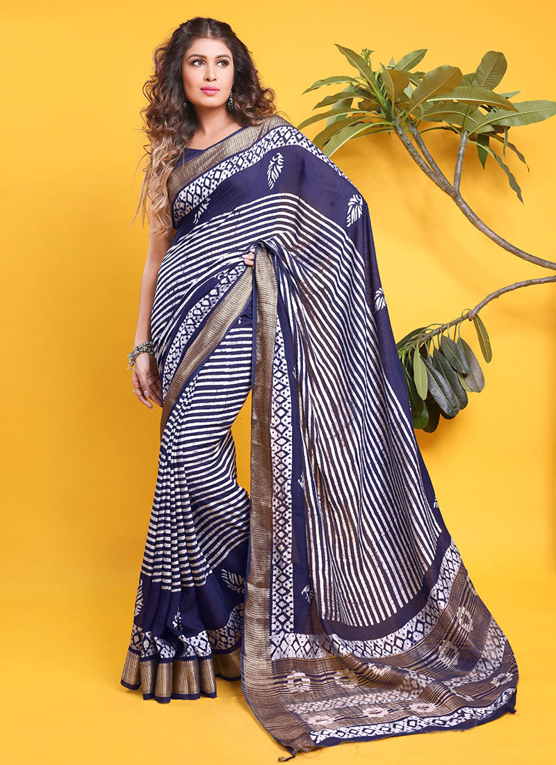 Chanderi Silk Indigo Printed Elegenat Saree After Six Wear