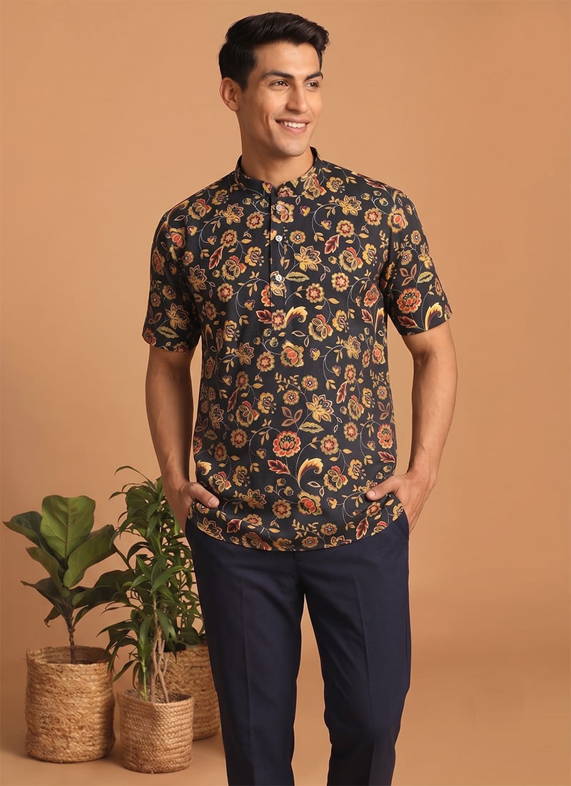 Charcoal Black Cotton Digital Print Kurta For Men
