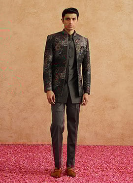 Charcoal Grey Silk Embroidered Sequins  Jodhpuri Bandhgala Suit