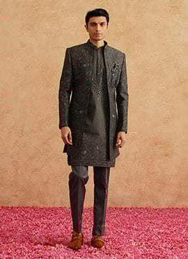 Charcoal Grey Silk Embroidered Sequins Bandi Set