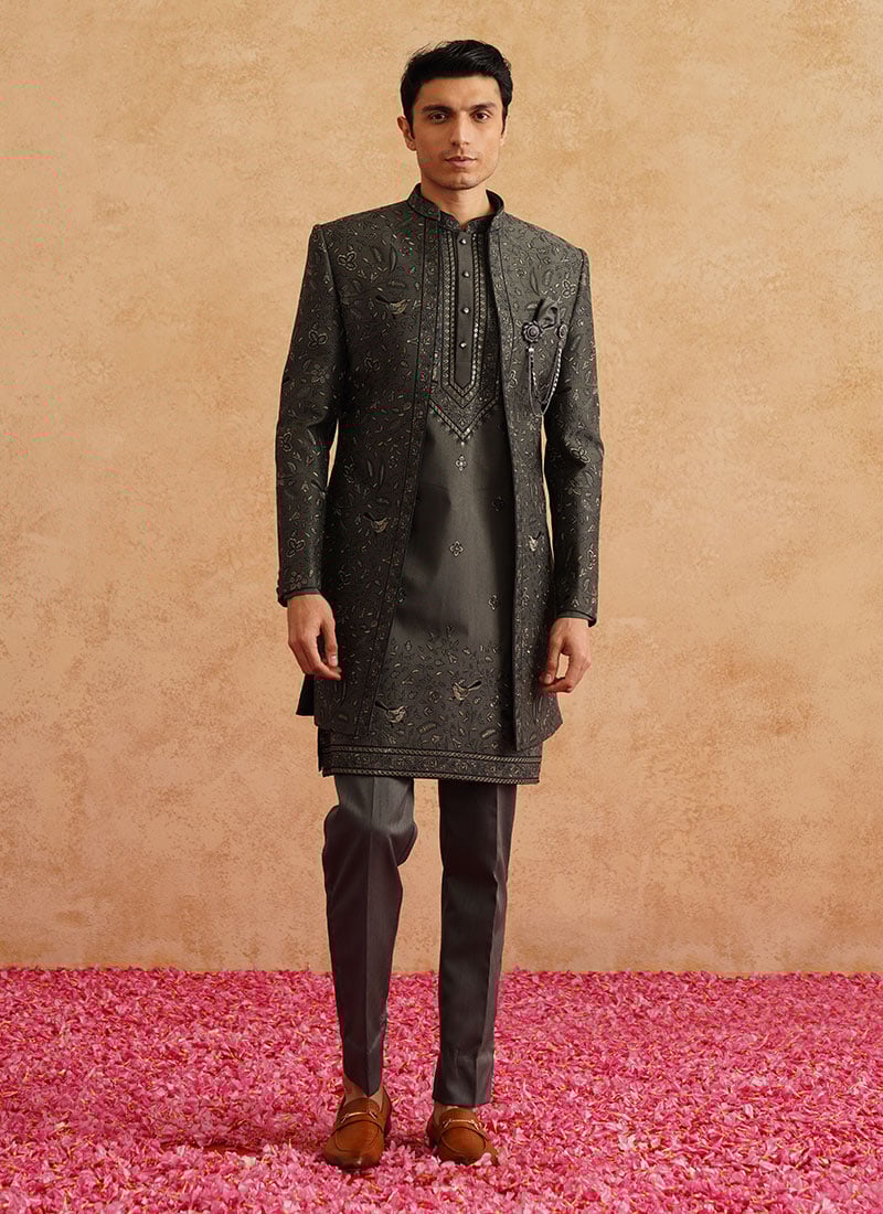 Charcoal Grey Silk Embroidered Sequins Bandi Set Wedding Wear