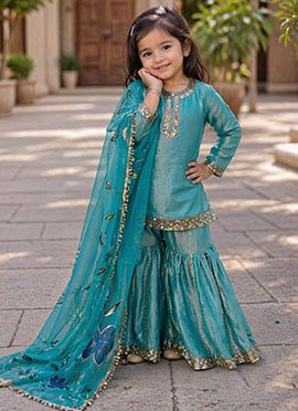 Charming Aqua Blue Fandy Silk Sequins  Zari Work Kids Girls Sharara Suit