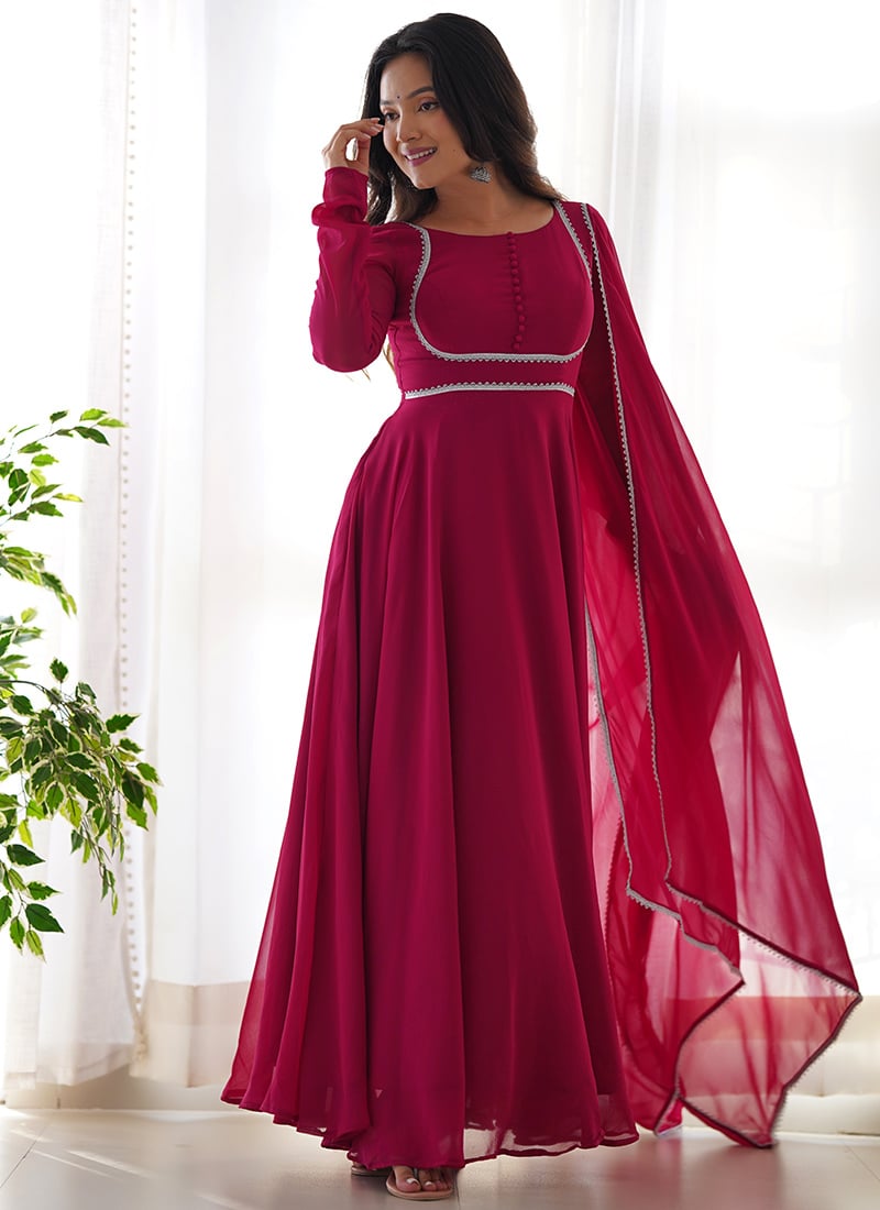 Charming Aura In Rani Pink Georgett Anarkali Suit For Any Occasion