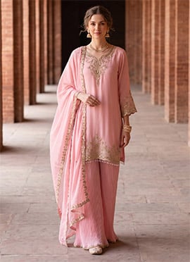 Charming Baby Pink Georgette Sequins Stone Embroidery Palazzo Suit