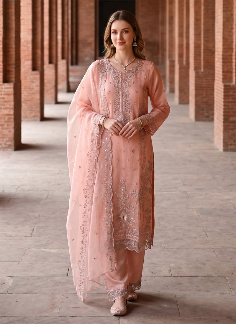 Charming Baby Pink Organza Silk Embroidered Sequins Stones Zari Palazzo Suit After Six Wear