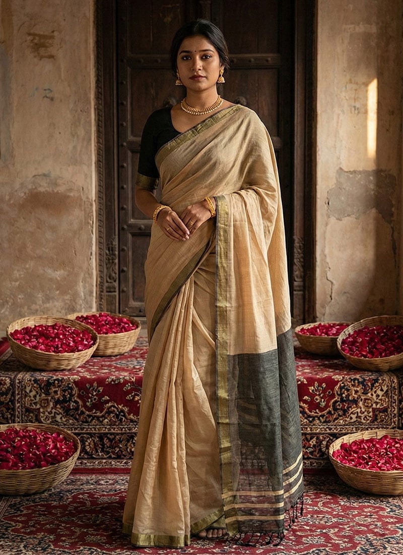 Charming Beige Blended Cotton Woven Saree Festive Wear