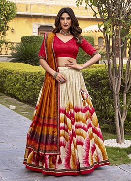 Charming Beige Tussar Silk Tie And Dye Print A Line Lehenga