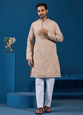 Charming Beige Viscose Silk Embroidered Sequins Thread Kurta