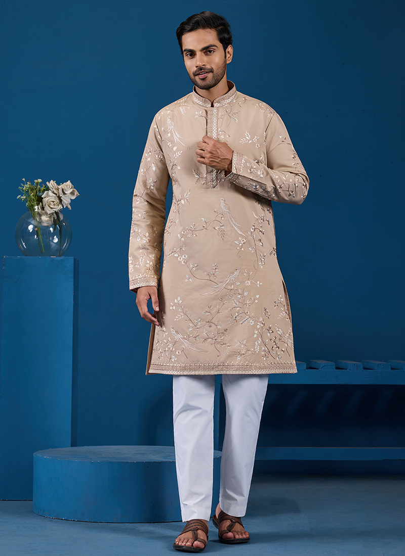 Charming Beige Viscose Silk Embroidered Sequins Thread Kurta