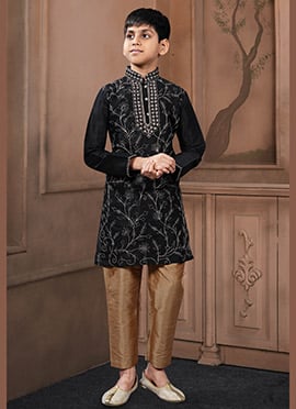 Charming Black Art Silk Embroidered Kids Boys Kurta Pyjama