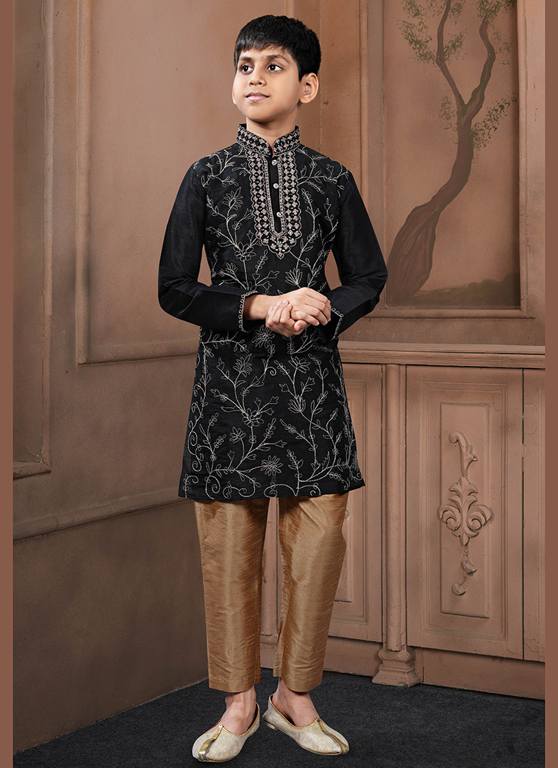 Charming Black Art Silk Embroidered Kids Boys Kurta Pyjama Festive Wear