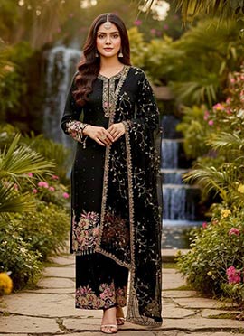 Charming Black Georgette Embroidered Sequins Palazzo Suit