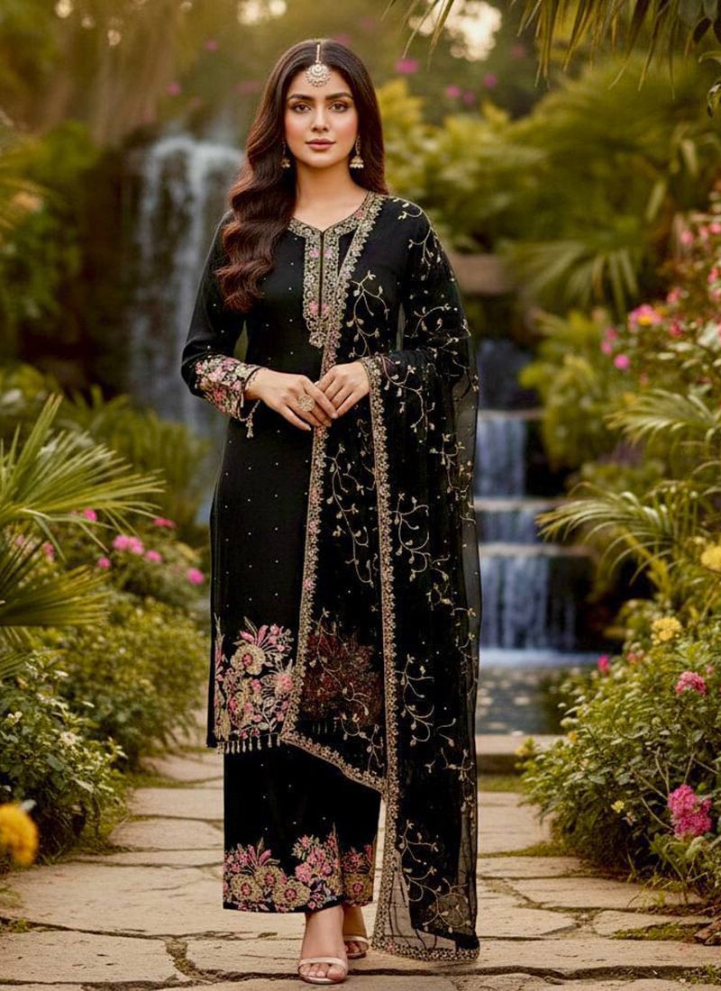 Charming Black Georgette Embroidered Sequins Palazzo Suit After Six Wear
