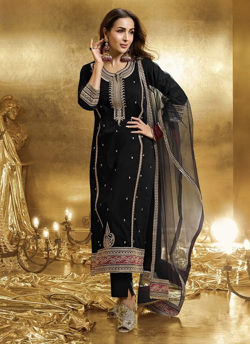 Charming Black Georgette Embroidered Sequins Straight Pant Suit After Six Wear