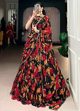 Charming Black Georgette Floral Print Umbrella Lehenga