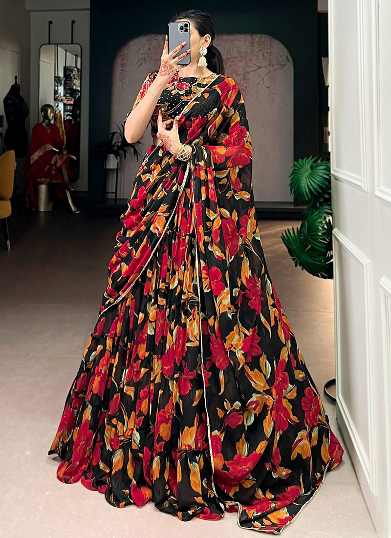 Charming Black Georgette Floral Print Umbrella Lehenga Festive Wear
