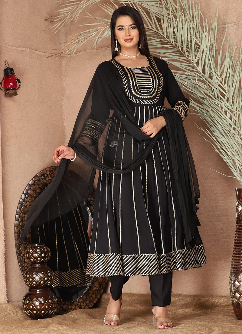 Charming Black Rayon Anarkali Suit With Gota Work And Dupatta Festive Wear