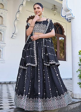 Charming Black Silk Thread Sequence Work Umbrella Lehenga