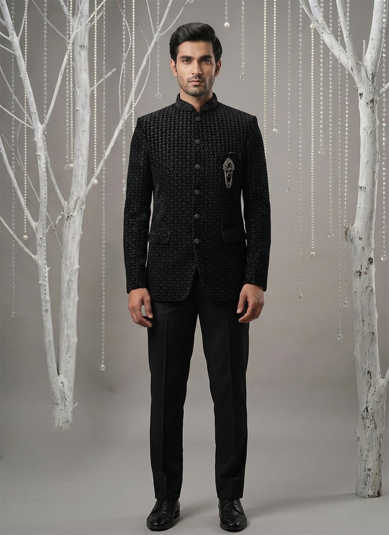 Charming Black Velvet Thread Cutdana Hand Embroidered Bandhgala Suit Wedding Wear