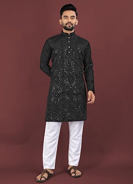 Charming Black Viscose Silk Sequins Embroidered Kurta Pyjama