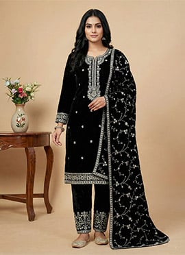 Charming Black Viscose Velvet Embroidered Sequins Straight Pant Suit