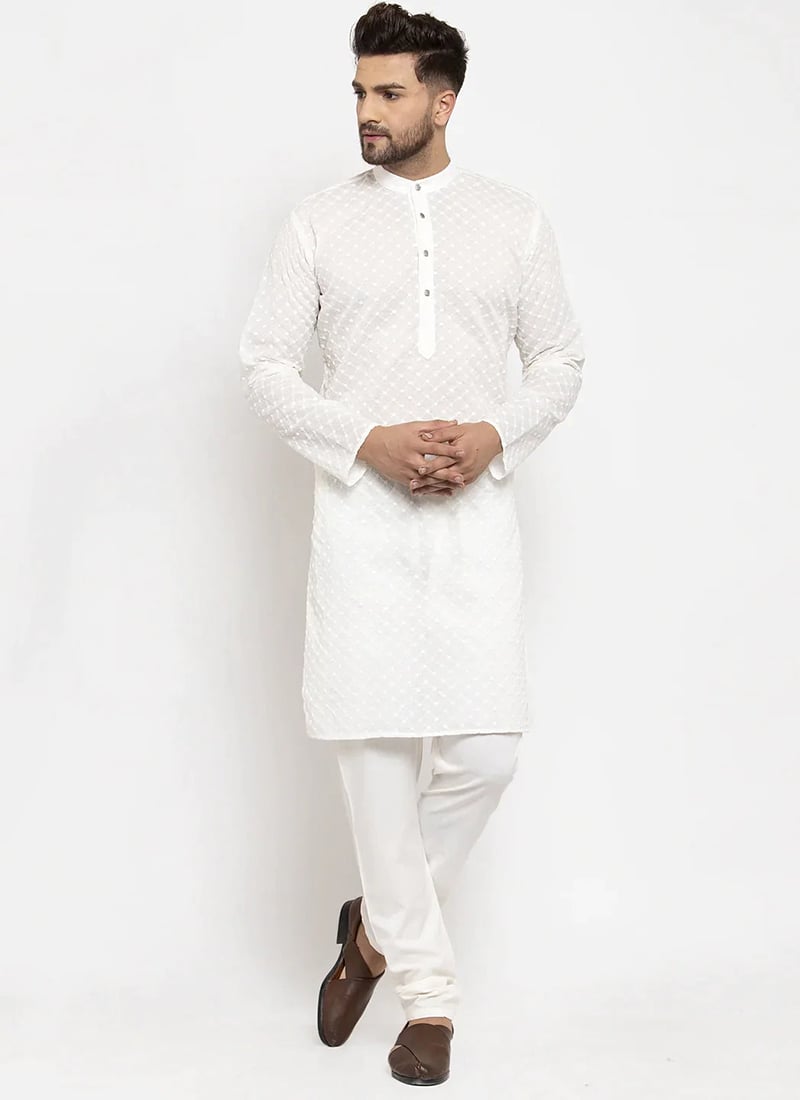 Charming Blended Cotton Chikankari Kurta Pyjama Party Wear