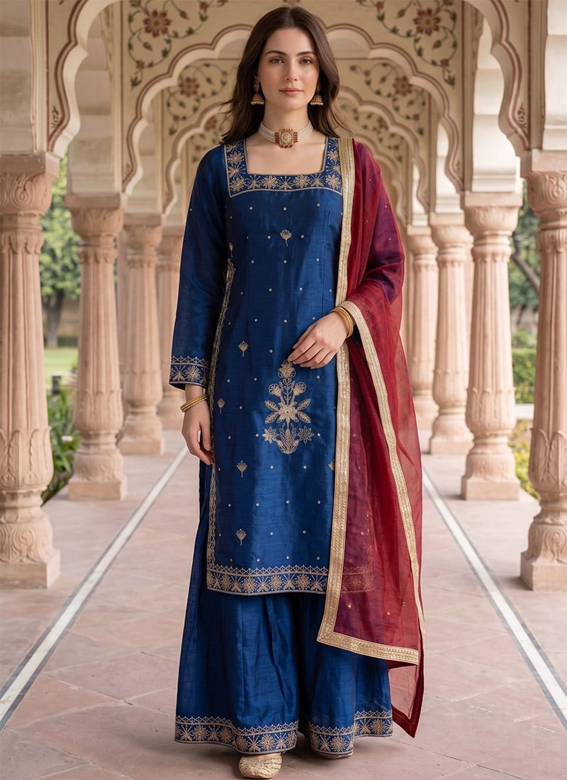 Charming Blue Art Silk Sequins Embroidered Sharara Suit Festive Wear