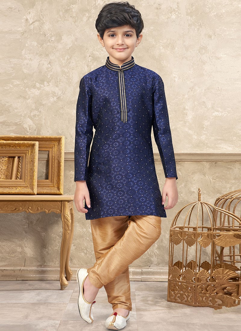 Charming Blue Banarasi Silk Jacquard Thread Lace Work Kids Boys Kurta Pyjama Festive Wear