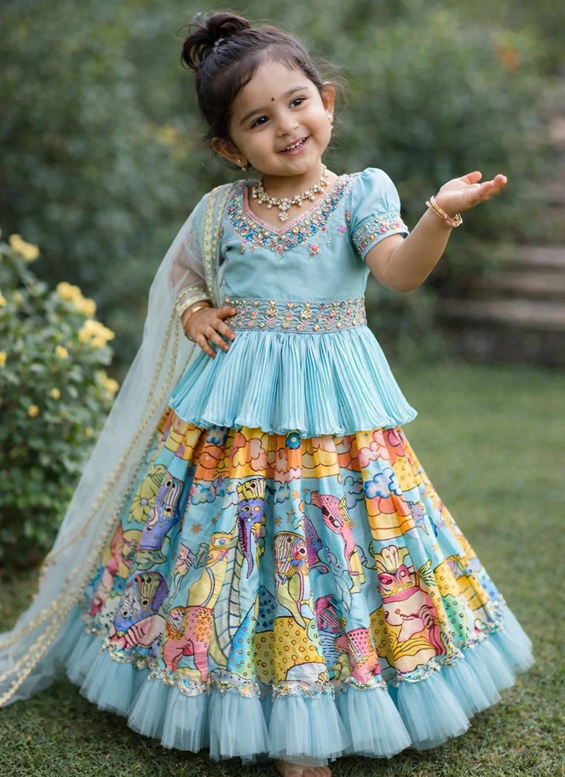 Charming Blue Chinon Embroidery Sequence Work Kids Girls Umbrella Lehenga
