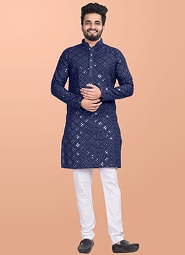 Charming Blue Cotton Blend Foil Mirror Embroidered Kurta Pyjama