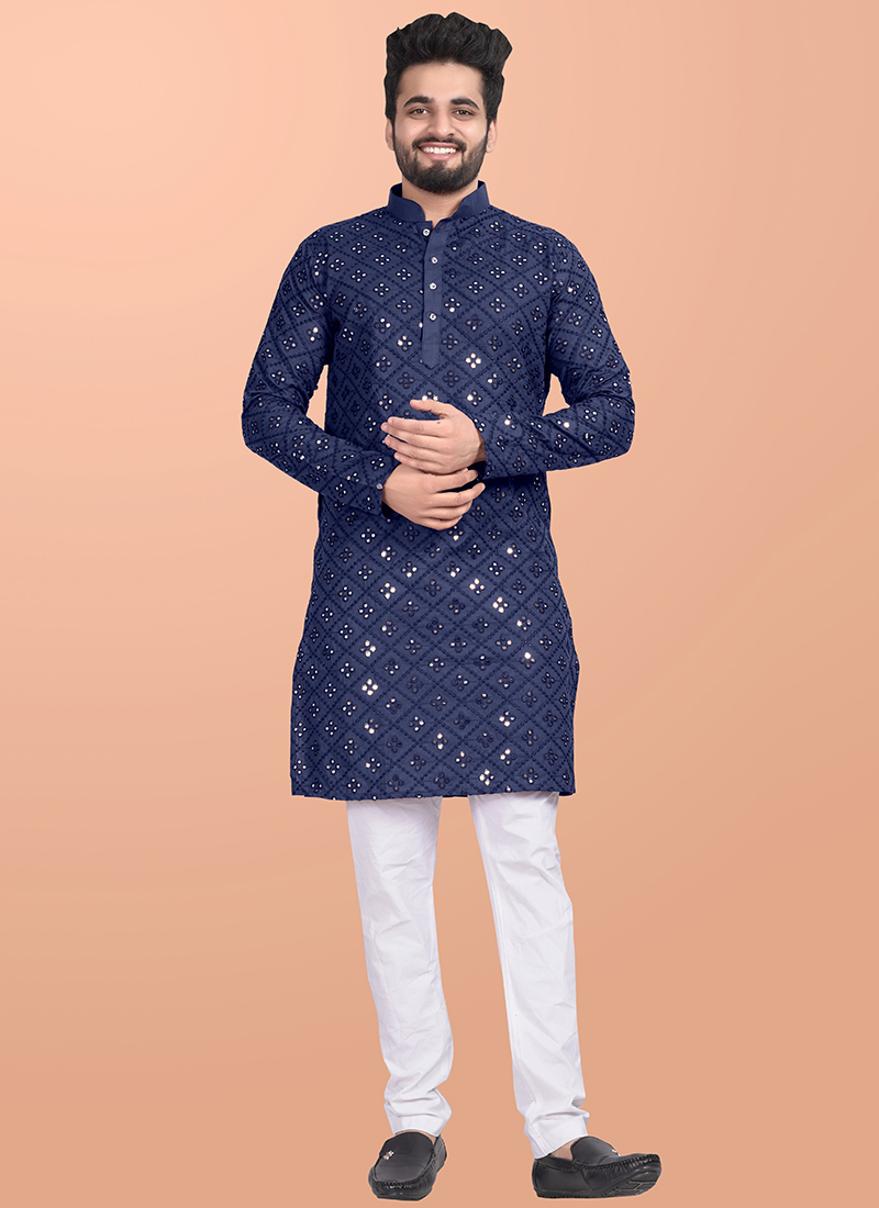 Charming Blue Cotton Blend Foil Mirror Embroidered Kurta Pyjama Festive Wear