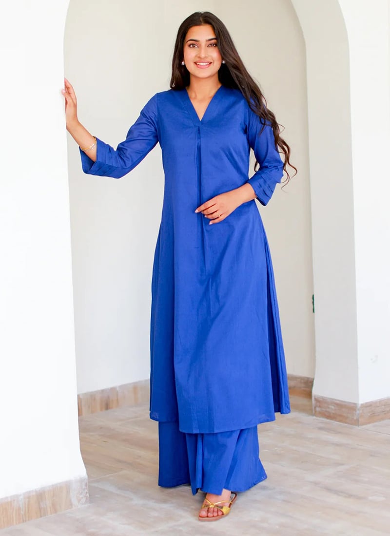 Charming Blue Cotton Kurta Palazzo Set After Six Wear