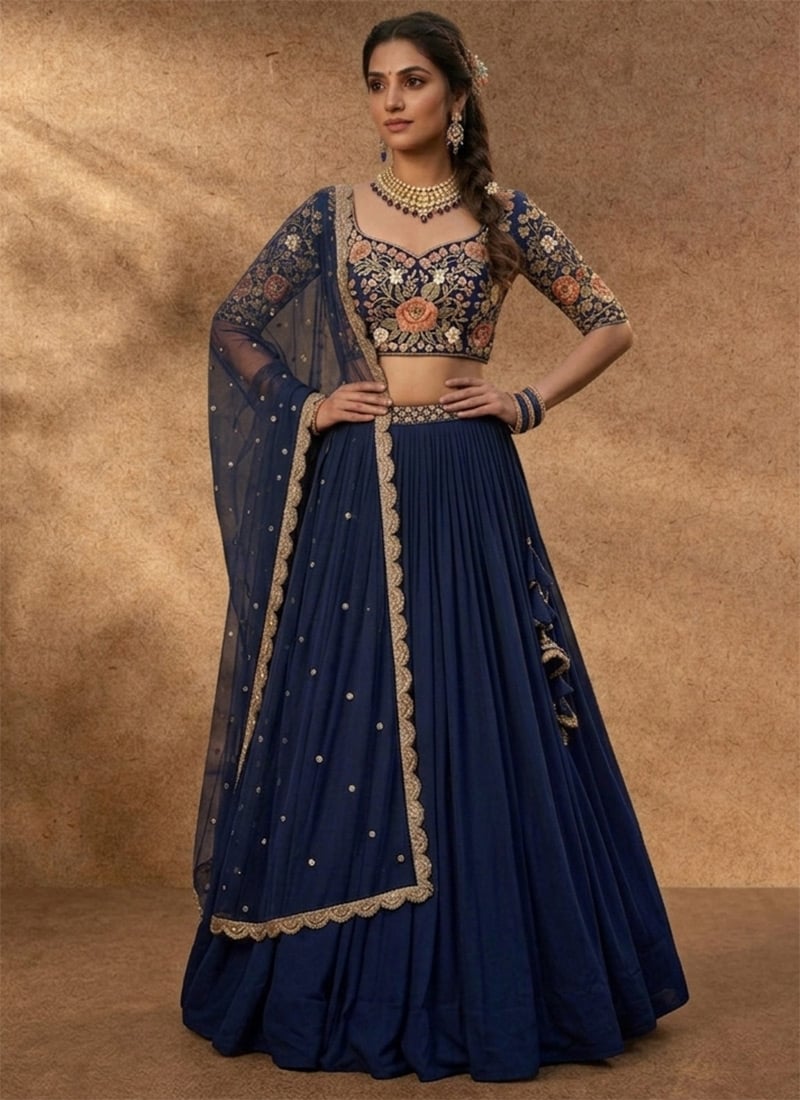 Charming Blue Faux Georgette Resham Embroidered Umbrella Lehenga Wedding Wear