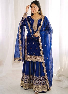 Charming Blue Fendy Silk Embroidered Sequins Moti Palazzo Suit
