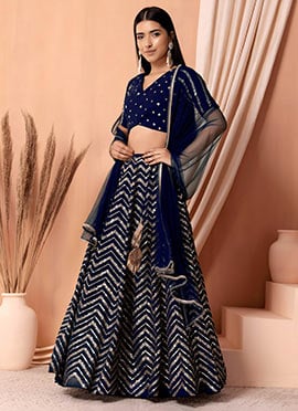 Charming Blue Georgette Zari Embroidered Sequins A Line Lehenga