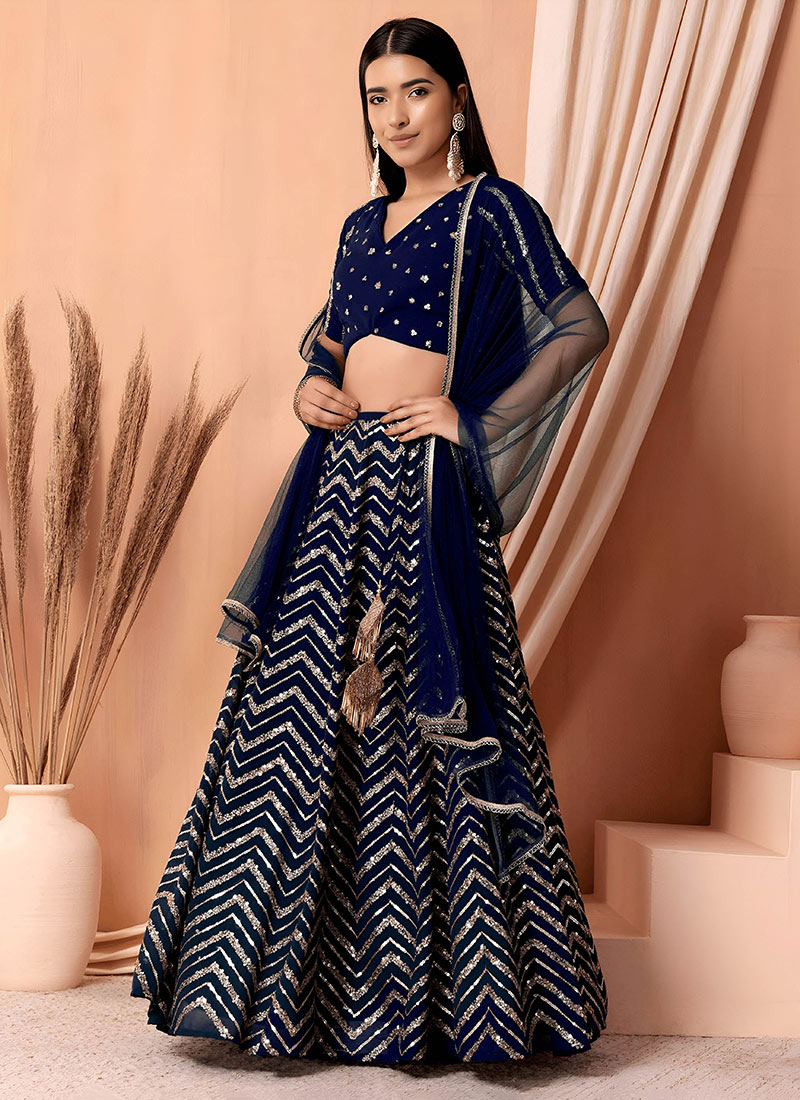 Charming Blue Georgette Zari Embroidered Sequins A Line Lehenga Wedding Wear