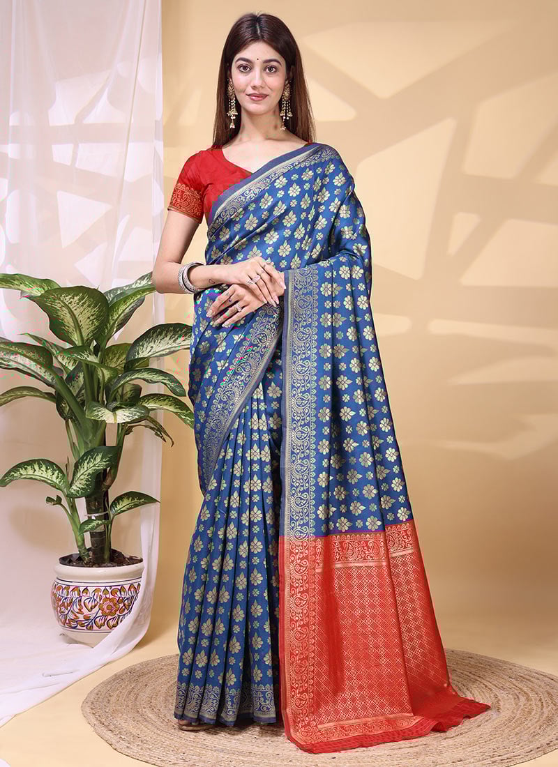 Charming Blue Lichi Silk Jacquard Saree Festive Wear
