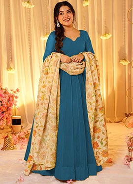 Charming Blue Silk Floral Digital Print Lace Anarkali Suit