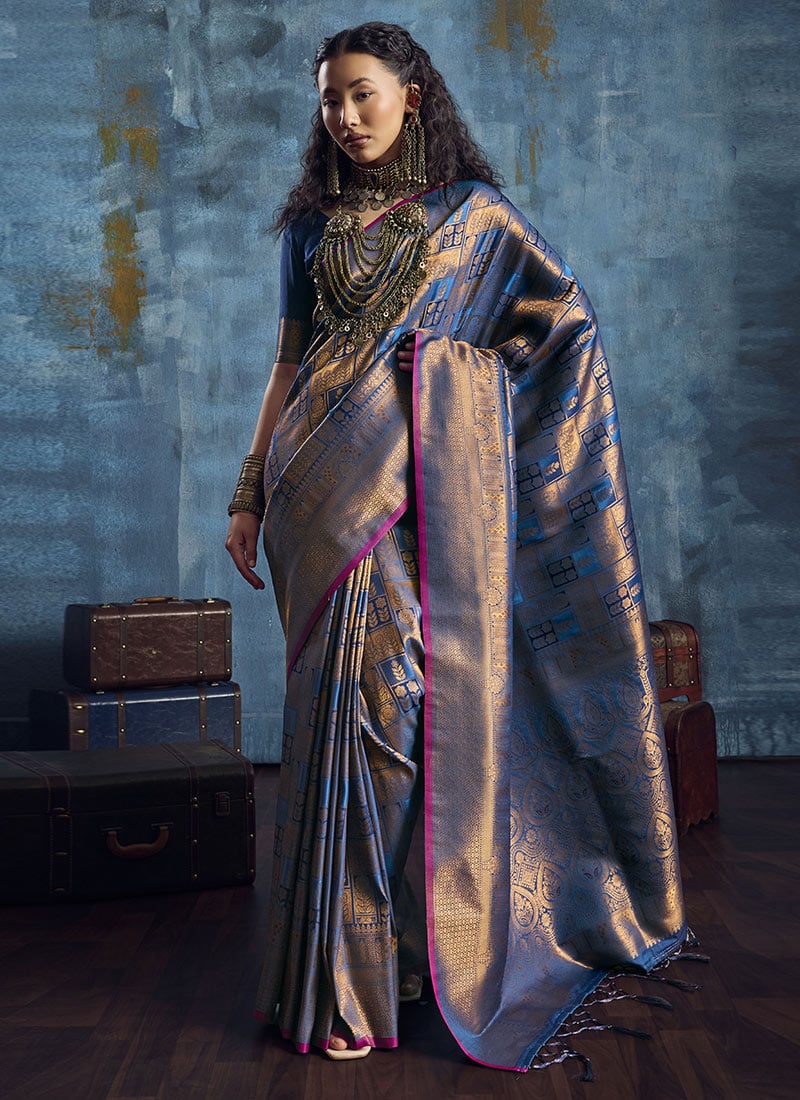 Charming Blue Silk Handloom Zari Weaving Saree Festive Wear