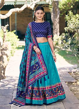 Charming Blue Tussar Silk Printed Umbrella Lehenga