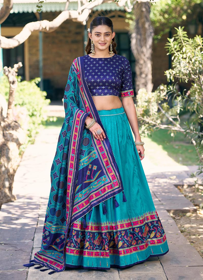 Charming Blue Tussar Silk Printed Umbrella Lehenga Festive Wear