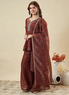 Charming Brown Crunchy Silk Heavy Thread Embroidery Work Palazzo Suit