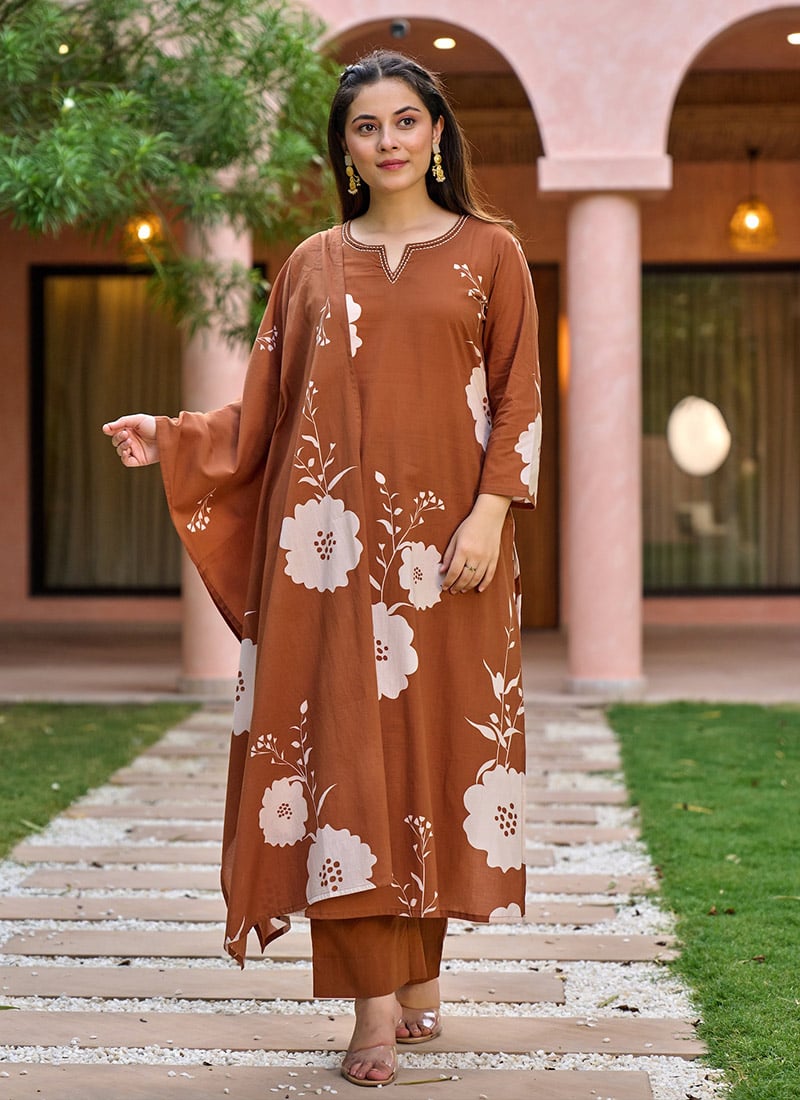 Charming Brown Muslin Printed Anarkali Suit After Six Wear