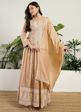 Charming Brown Organza Embroidered Sequins Thread Palazzo Suit