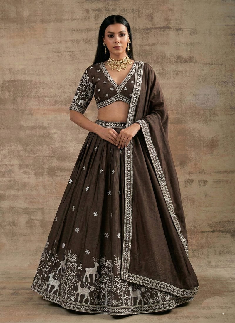 Charming Brown Super Satin Silk Sequins Zari Embroidered Resham Thread Umbrella Lehenga Wedding Wear