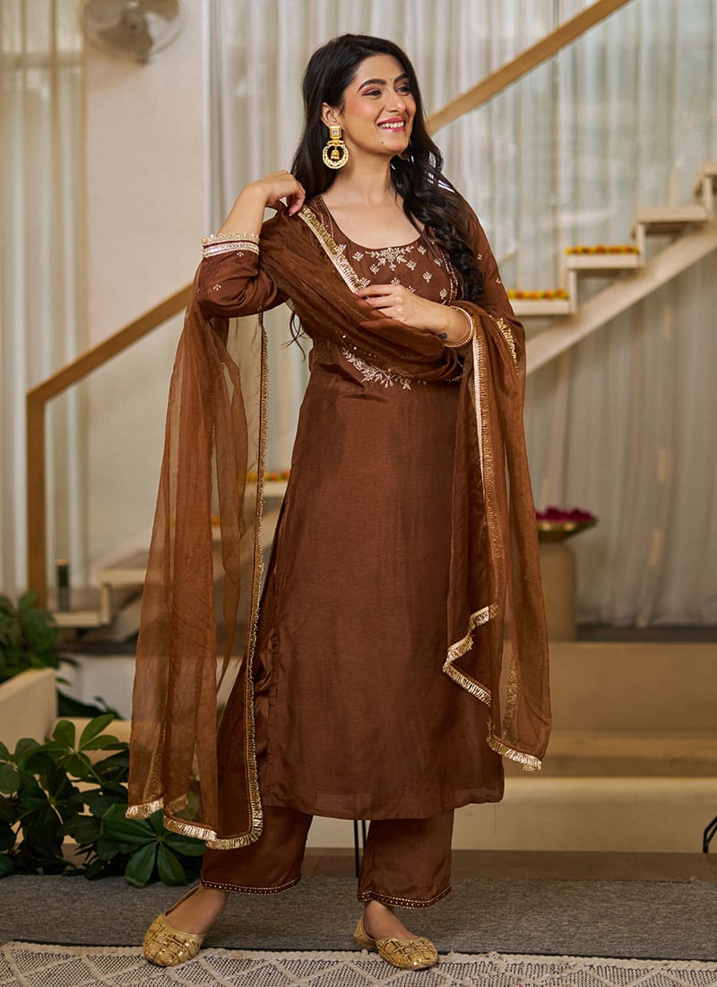 Charming Coffee Vichitra Silk Heavy Thread Embroidery Work Straight Pant Suit After Six Wear