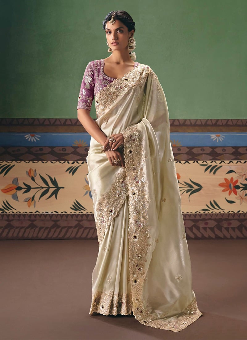 Charming Cream Art Silk Embroidered Sequins Stones Beads Saree Wedding Wear