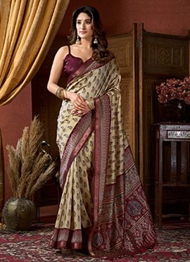 Charming Cream Crepe Silk Jacquard Digital Print Saree