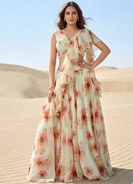 Charming Cream Georgette Digital Print Umbrella Lehenga